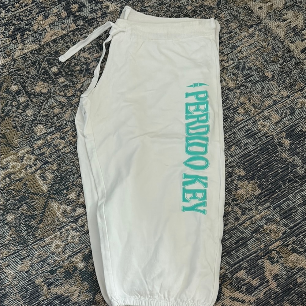 White Capri Joggers with Turquoise Text